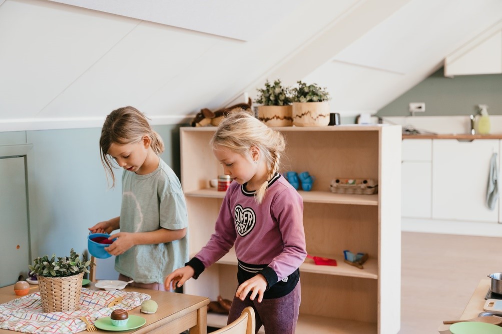 Kinderen spelen in speelkeuken