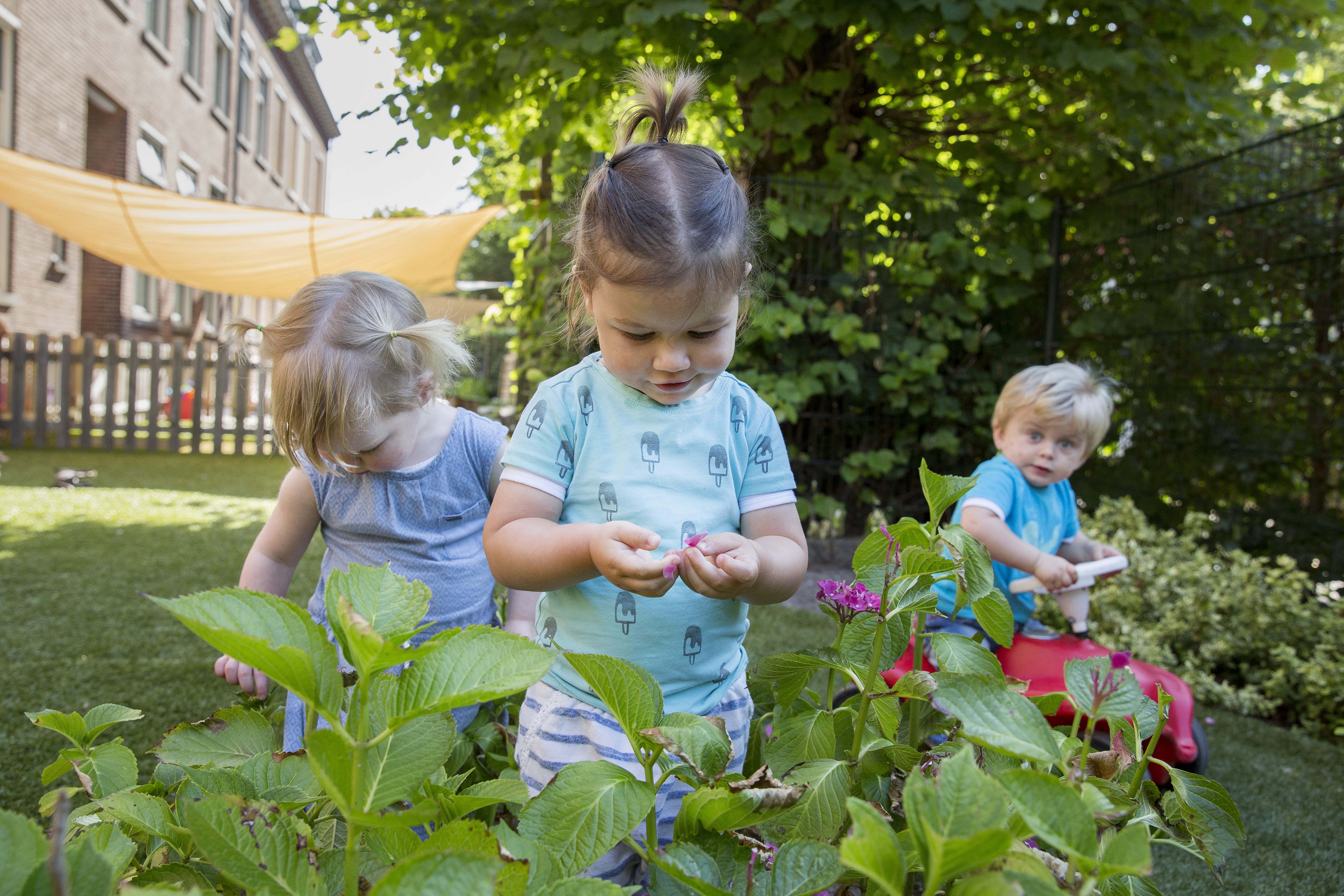 Meisjes spelen in tuin op kinderopvang